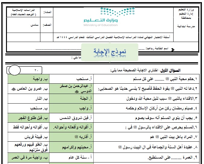 نموذج اختبار الإسلامية سادس ابتدائي الفصل الثالث ف3