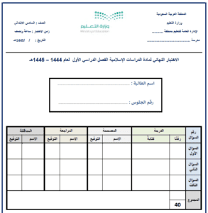 اختبار اسلامية سادس ابتدائي ف1 الفصل الاول